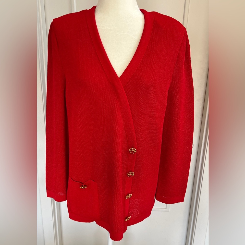Elegant Red Cardigan with Gold Accents